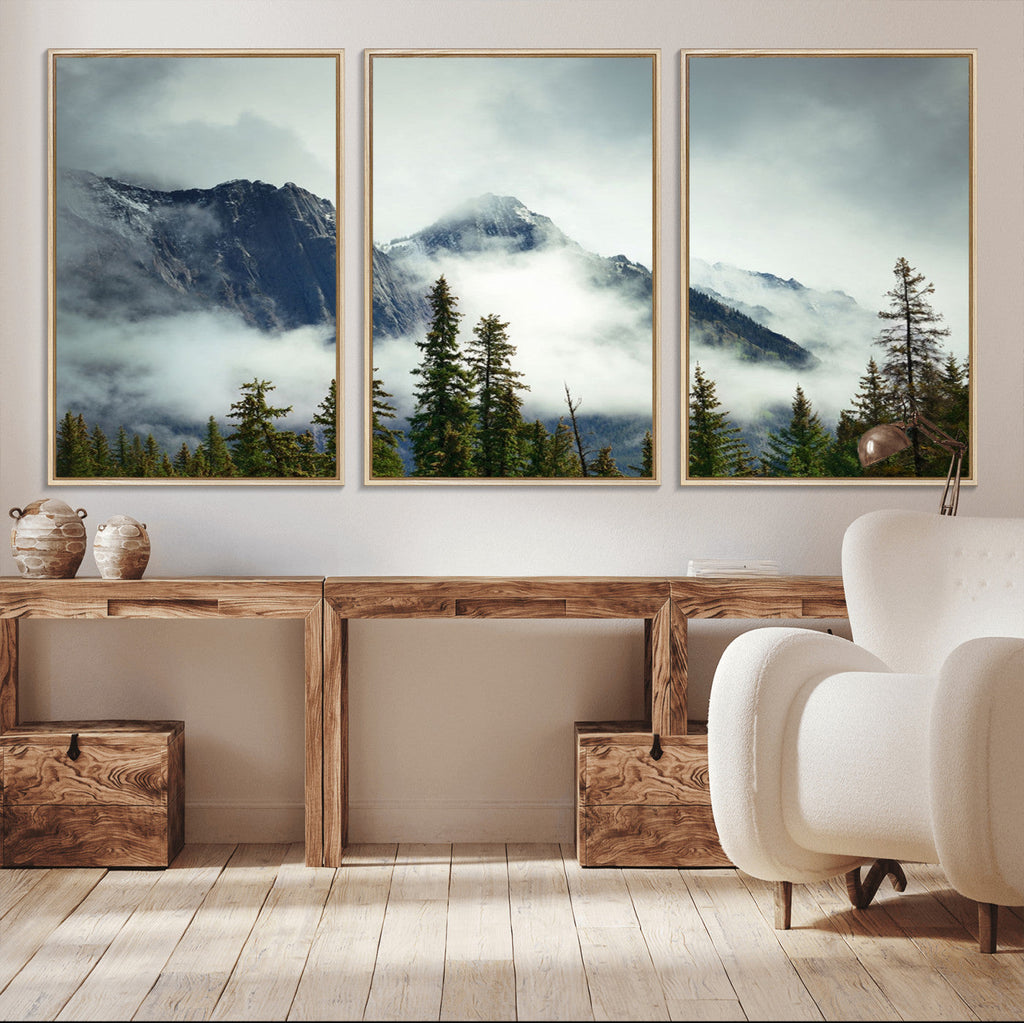 Mountain Mist Canvas Wall Art Print | 3-Panel Foggy Forest and Mountain Landscape