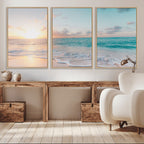 Tranquil Ocean Beach Sunset Canvas Wall Art | 3-Panel Coastal Decor