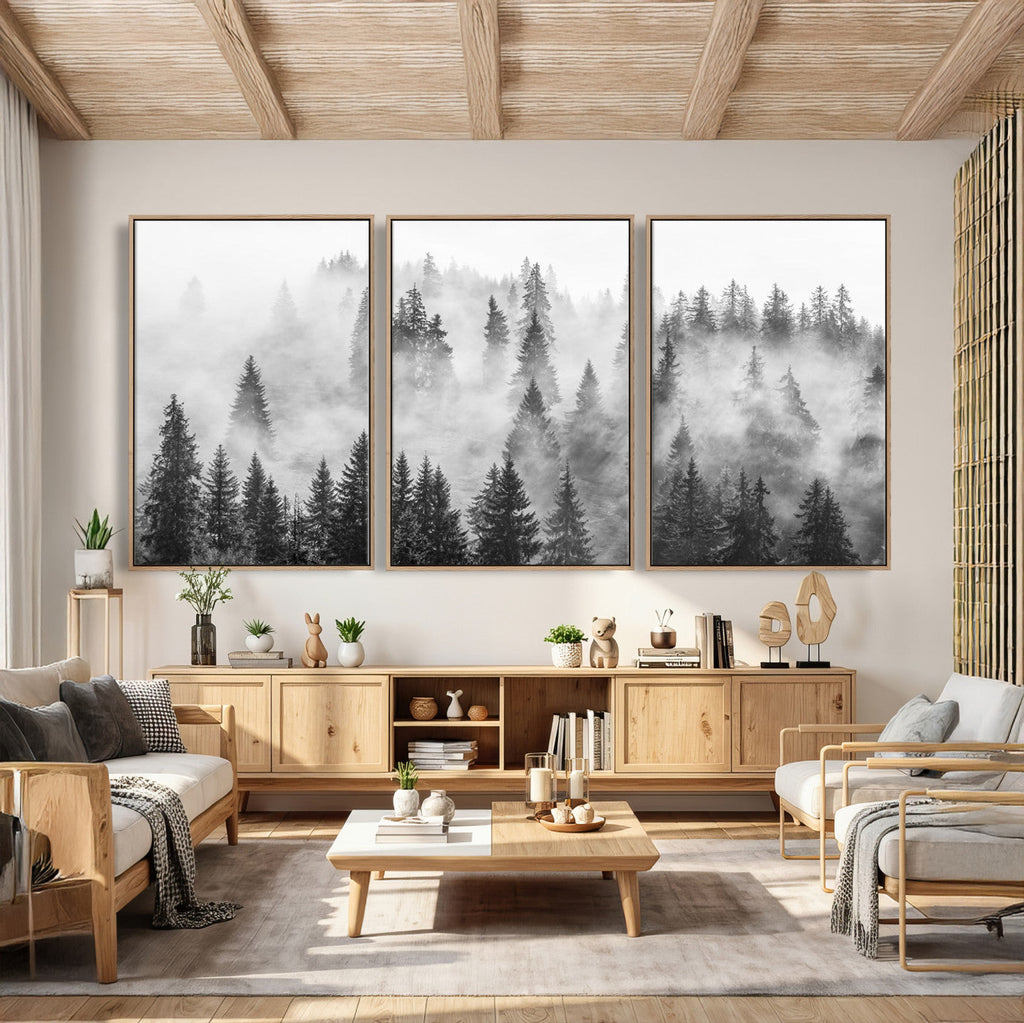 Forest Wall Art Print | Foggy Pine Forest Canvas Wall Art, Black and White Nature Decor
