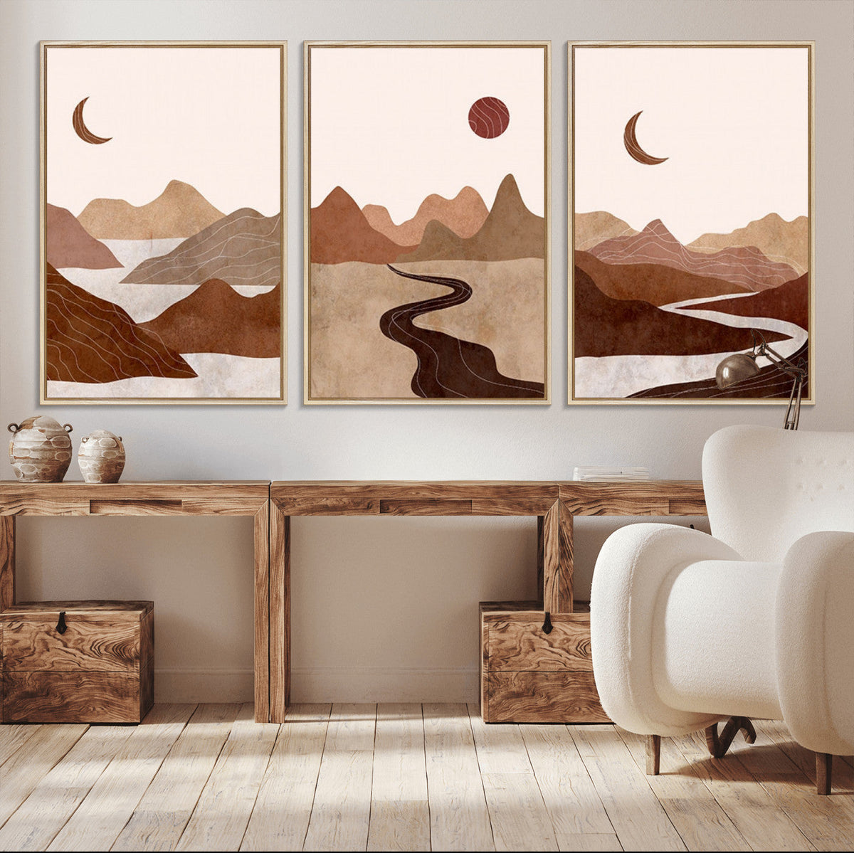 Boho Wall Art Canvas Print Set | Mid-Century Bohemian Wall Artwork, Boho Neutral