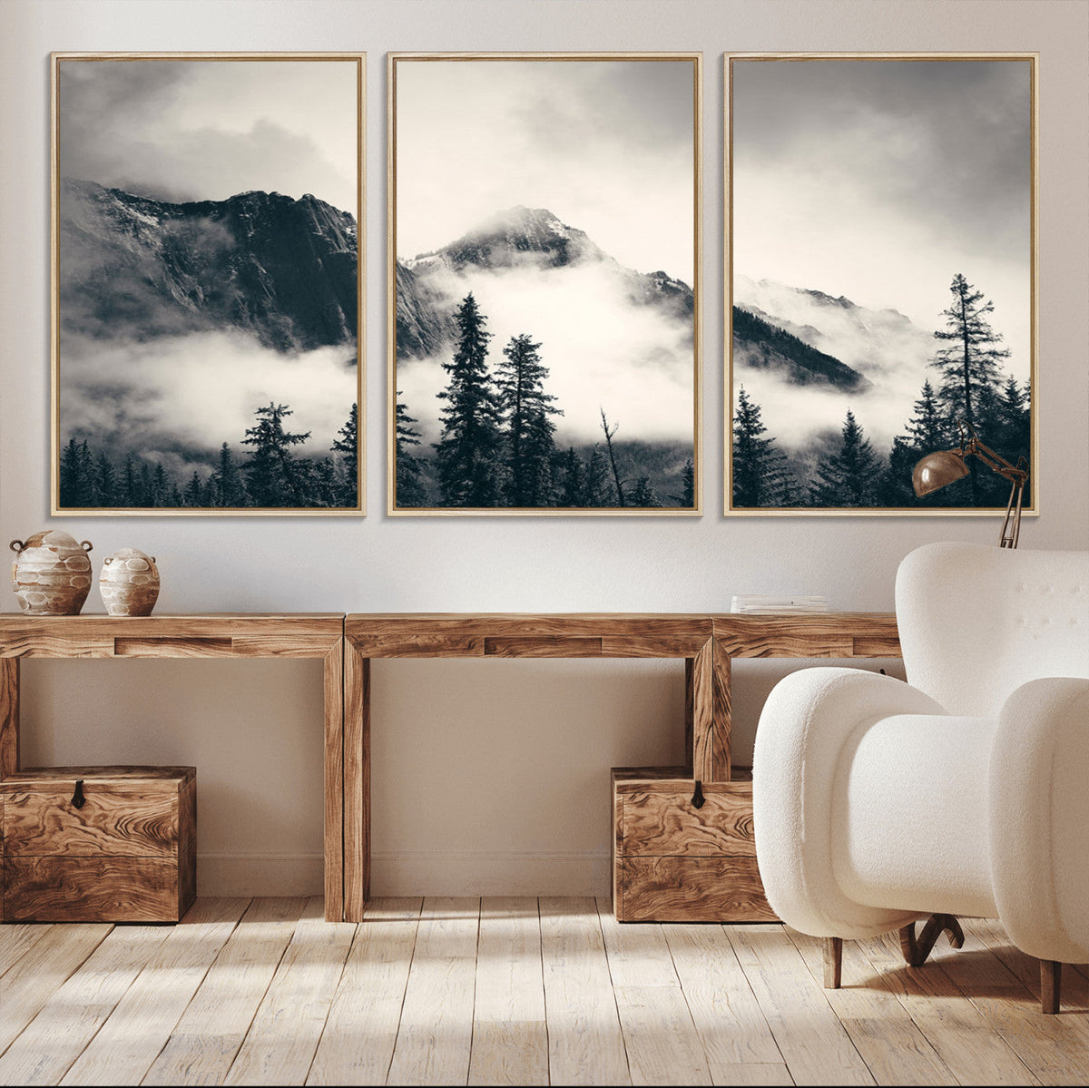 Forest Mountain Print | Black and White Canvas Wall Art with Misty Forest Design