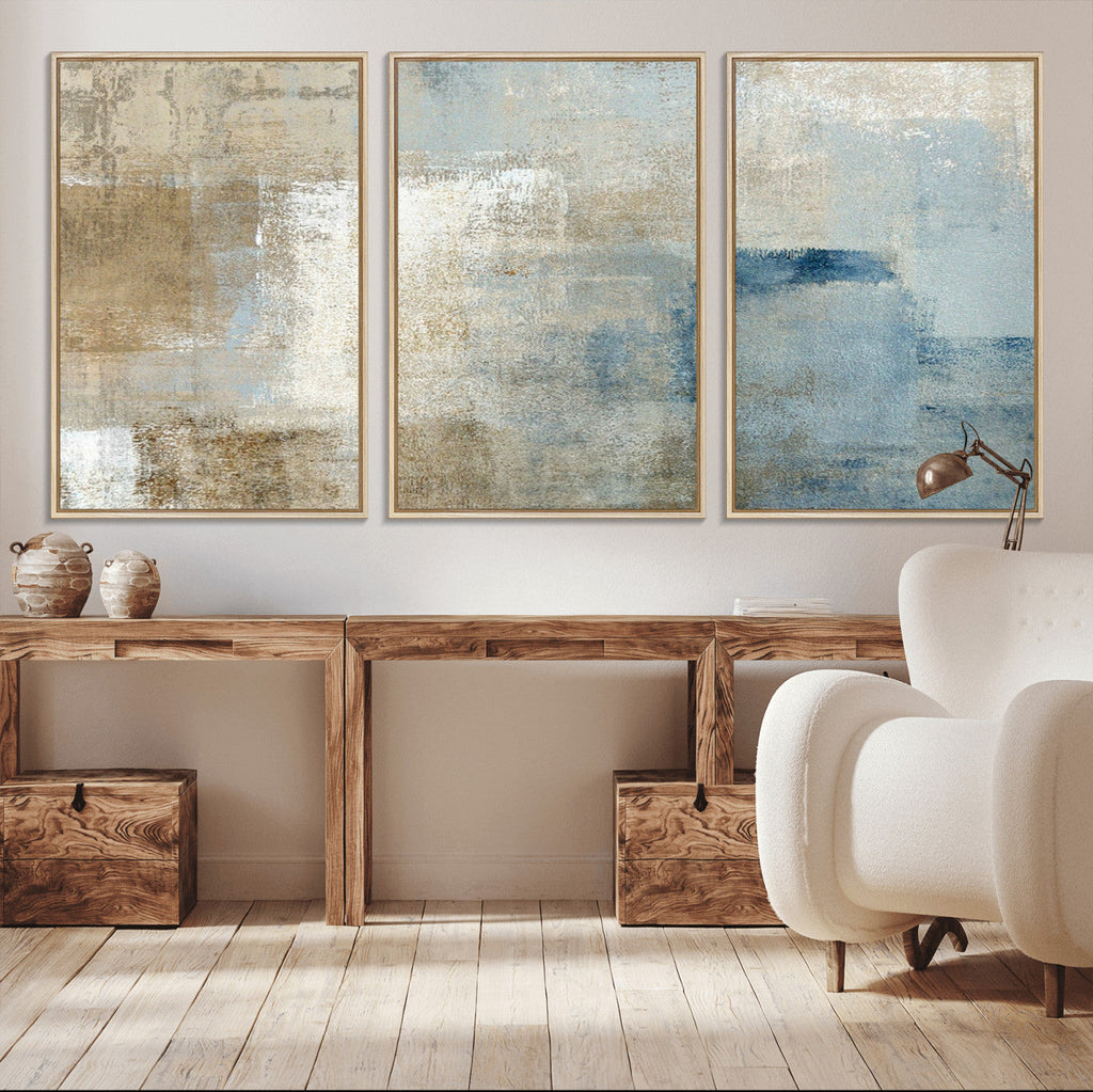 Abstract Blue and Beige Wall Art, Modern Minimalist Canvas Print Set