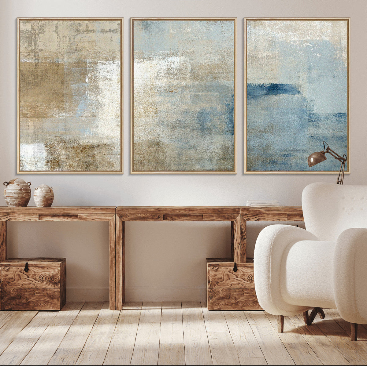 Abstract Blue and Beige Wall Art, Modern Minimalist Canvas Print Set