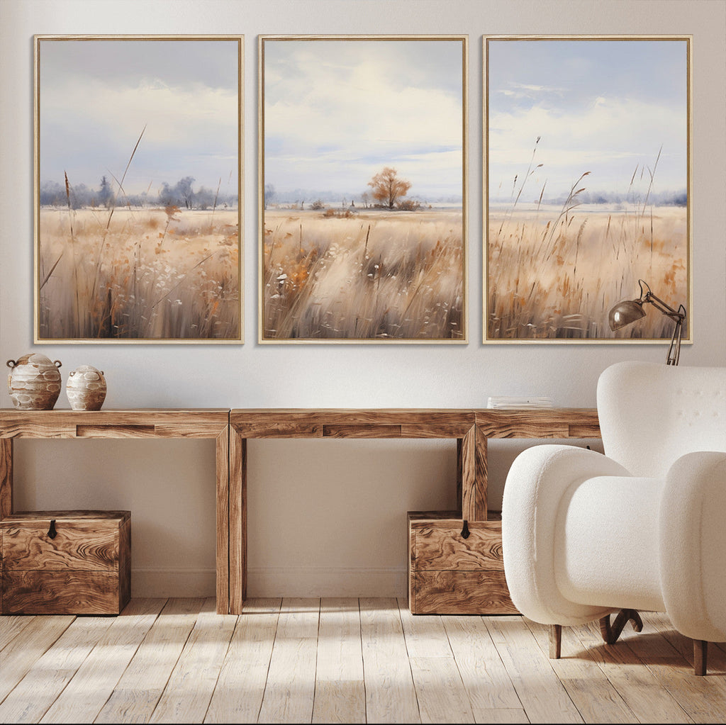 Golden Fields Wall Art Print Canvas | Serene Minimalist Landscape for Farmhouse Decor