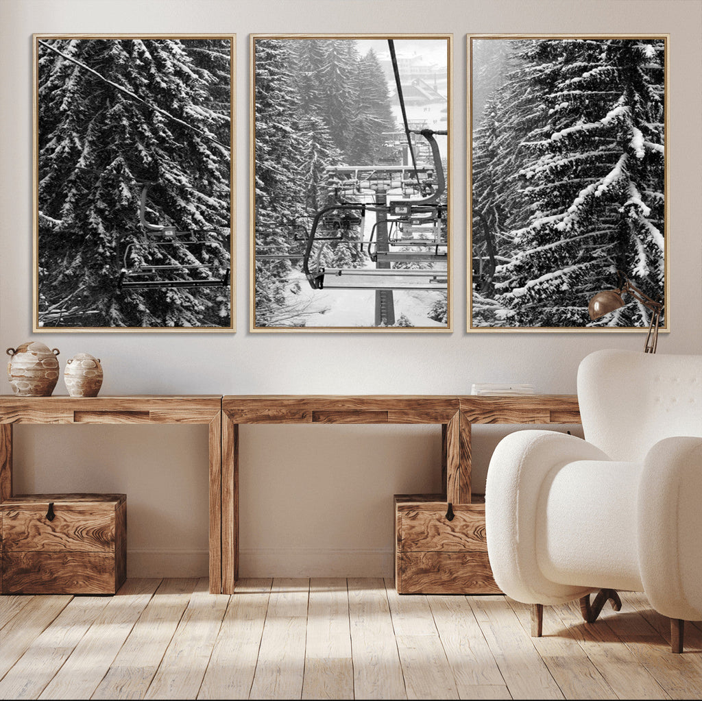 Winter Ski Lift Black and White Canvas Wall Art | Alpine Escape in Minimalist Style