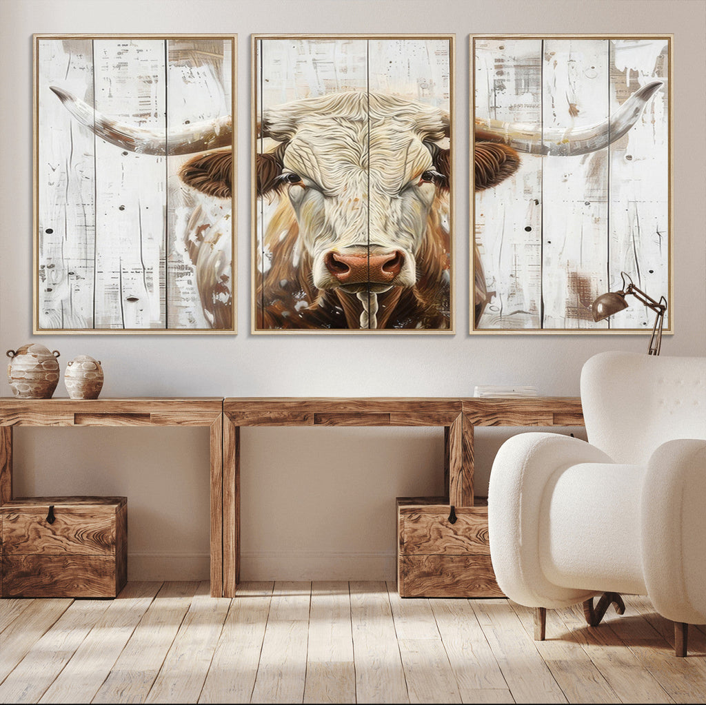 Rustic Longhorn Bull Wall Art Canvas Set