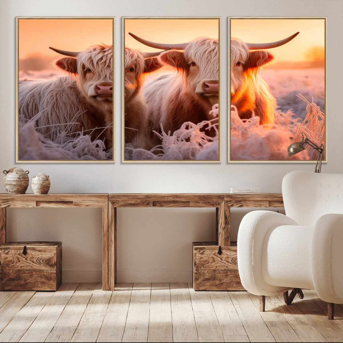 Highland Cows at Sunrise Wall Art Canvas Set