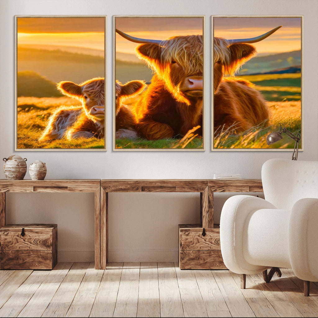 Scottish Cow and Baby Cow Canvas Wall Art Animal Print
