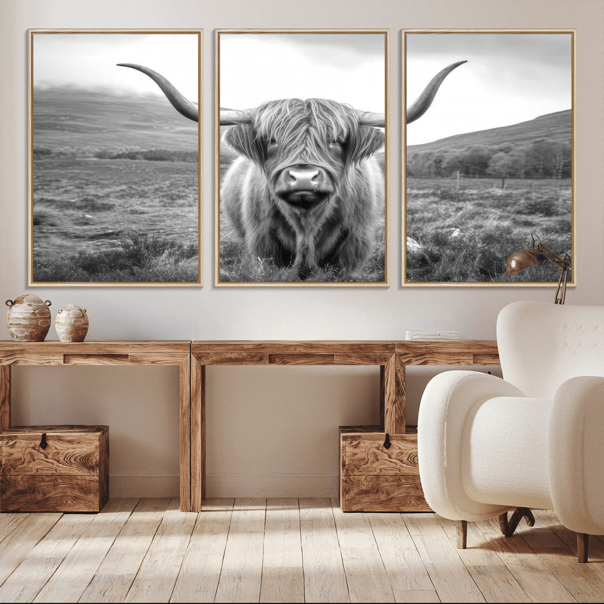 Black White Scottish Highland Cow Canvas Farm Wall Art
