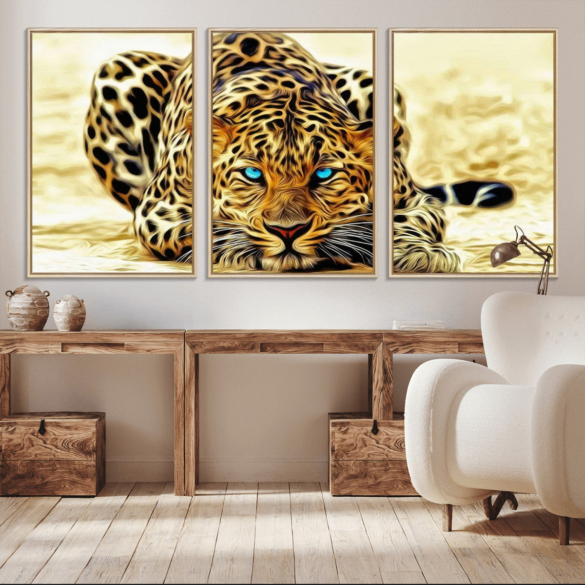 Blue-Eyed Leopard Canvas Wall Art, Framed Animal Print, Fierce and Bold Decor for Living Rooms