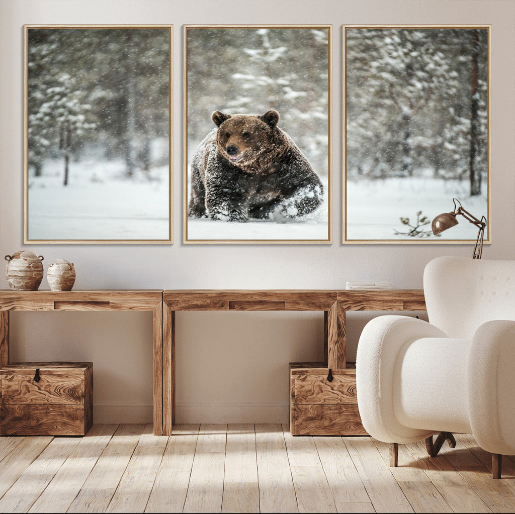 Grizzly Bear Wall Art | Framed Snowy Forest Canvas Artwork