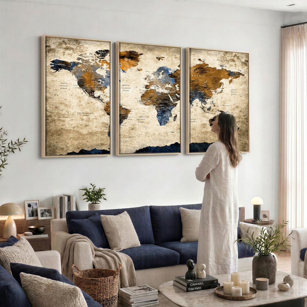 World Map Wall Art | Antique Style Blue and Brown Map Canvas Print