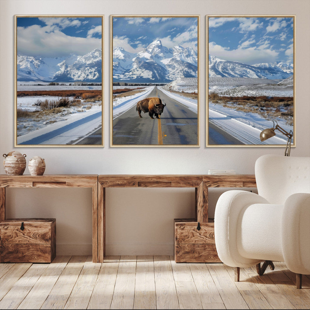Bison Wall Art | Snowy Road Wall Art | Framed Mountain Landscape Canvas