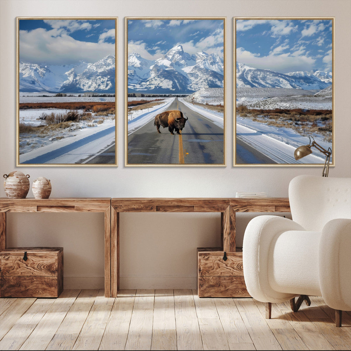 Bison Wall Art | Snowy Road Wall Art | Framed Mountain Landscape Canvas