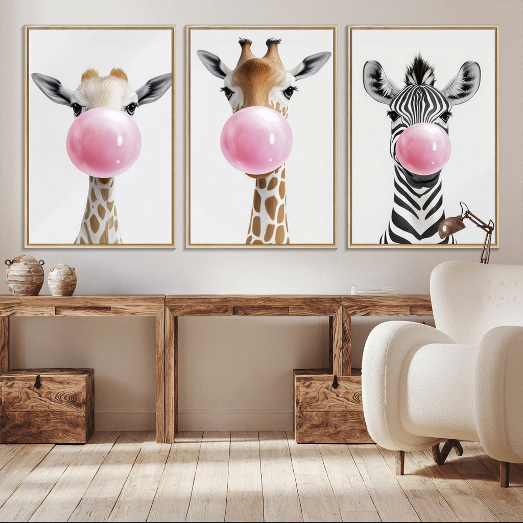 Bubblegum Animals Canvas Wall Art, Playful Giraffe and Zebra Trio, Whimsical Nursery and Kids Room Decor