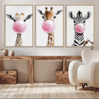 Bubblegum Animals Canvas Wall Art, Playful Giraffe and Zebra Trio, Whimsical Nursery and Kids Room Decor