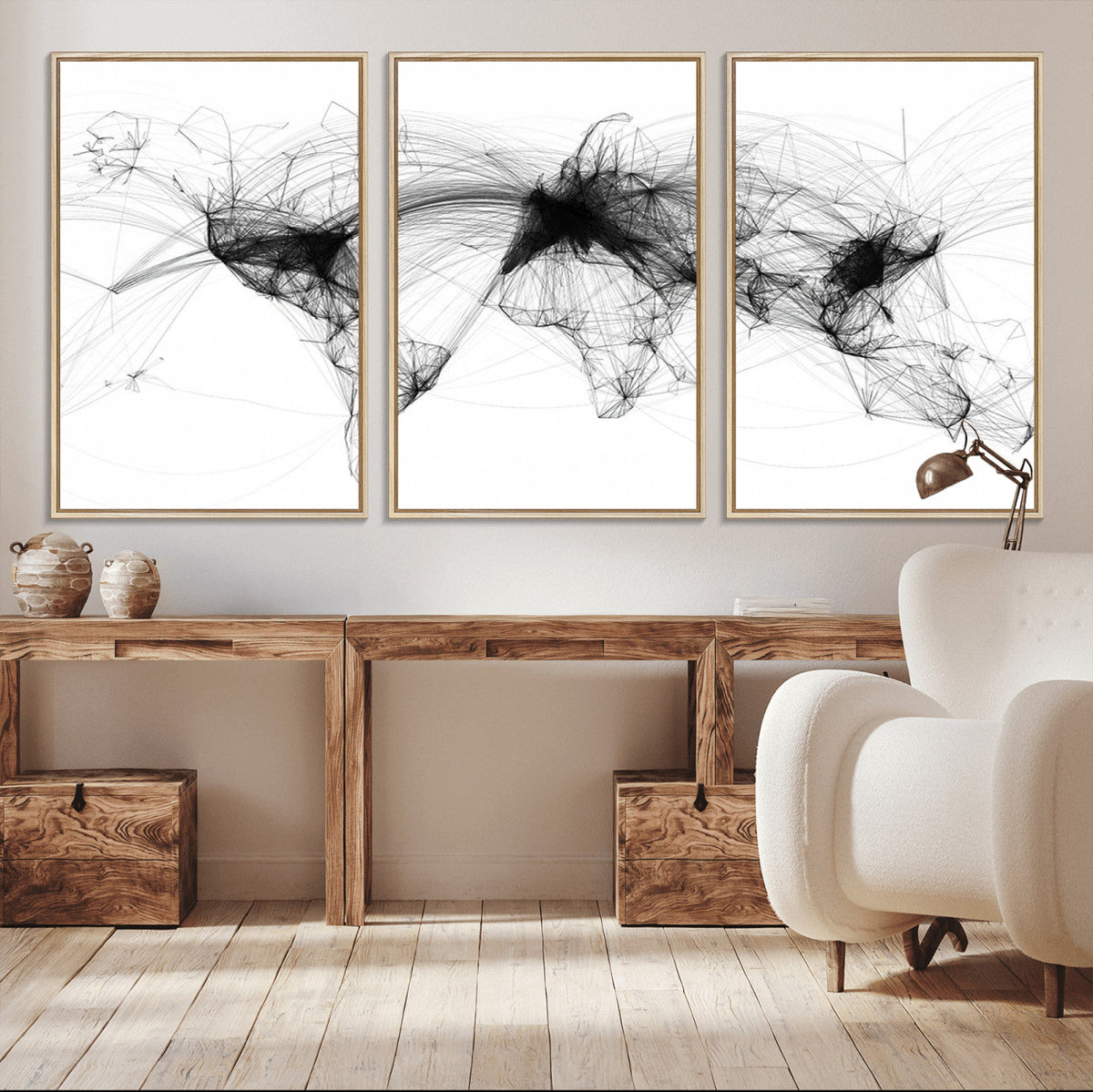 Abstract World Map Wall Art | Framed Geometric Line Canvas