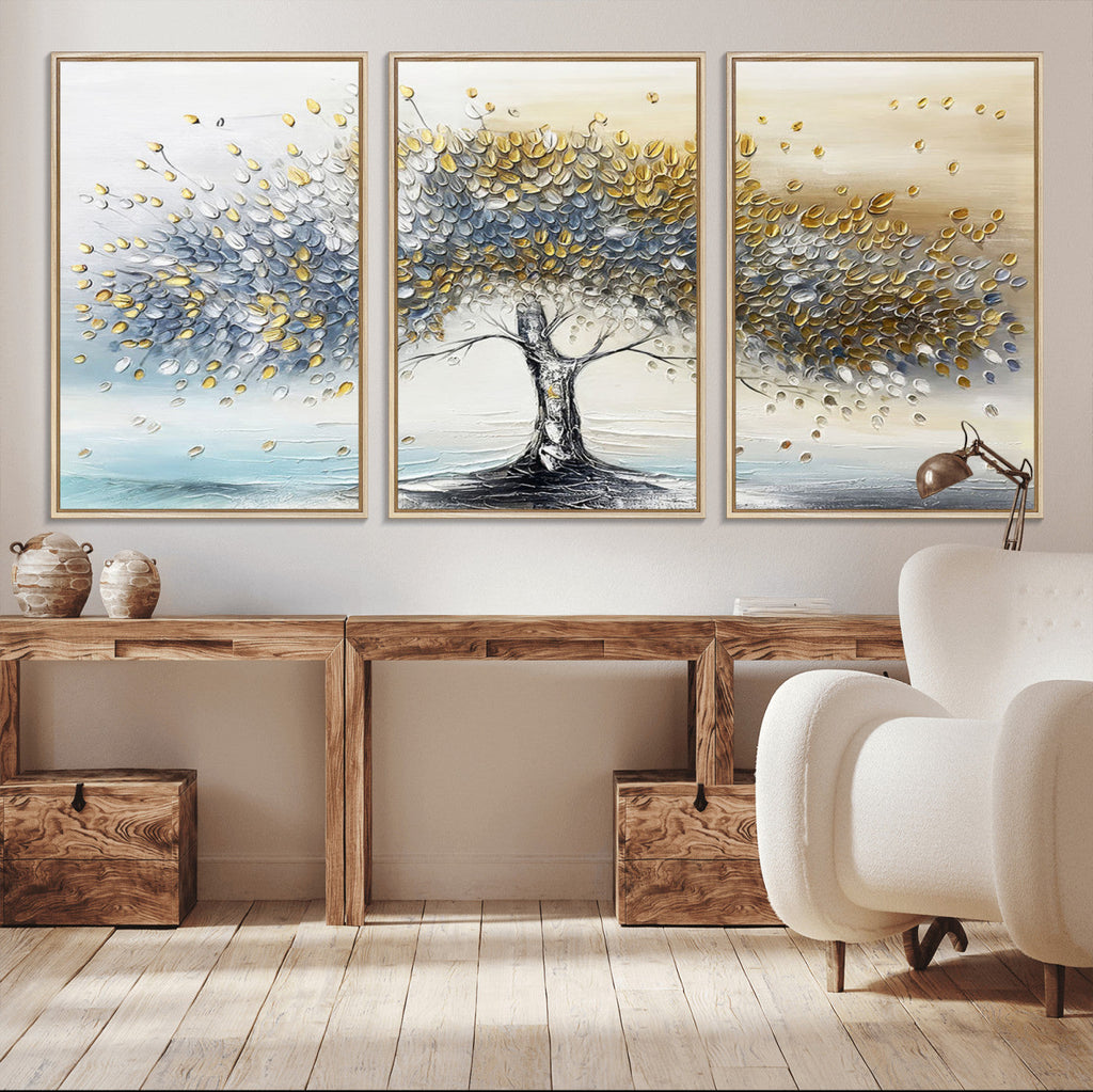 Golden and Silver Tree Wall Art | Framed Elegant Leaves Canvas