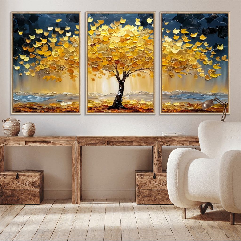 Golden Autumn Tree Wall Art | Framed Fall Leaves Canvas