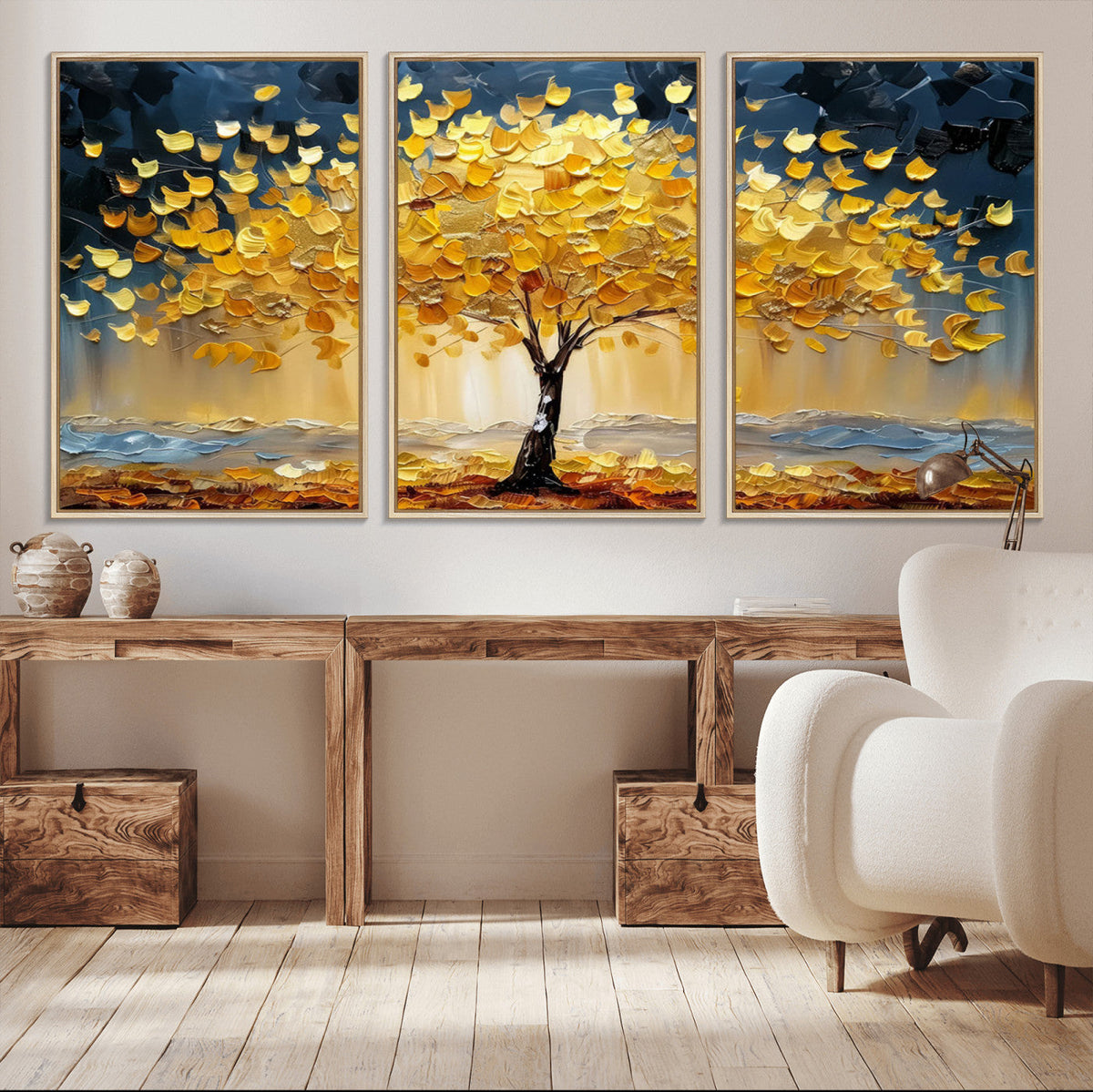 Golden Autumn Tree Wall Art | Framed Fall Leaves Canvas