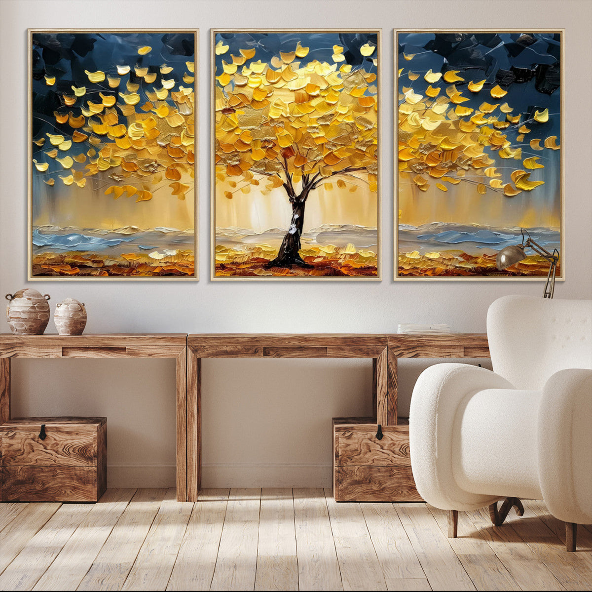 Golden Tree Wall Art | Framed Autumn Leaves Canvas Artwork