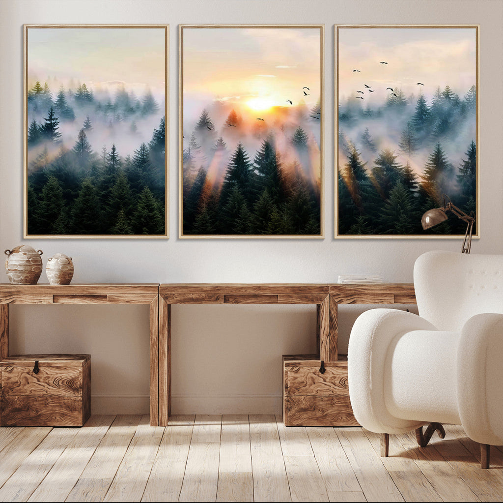 Abstract Forest Wall Art, Serene Nature Canvas Print with Misty Forest Design for Modern Home Decor