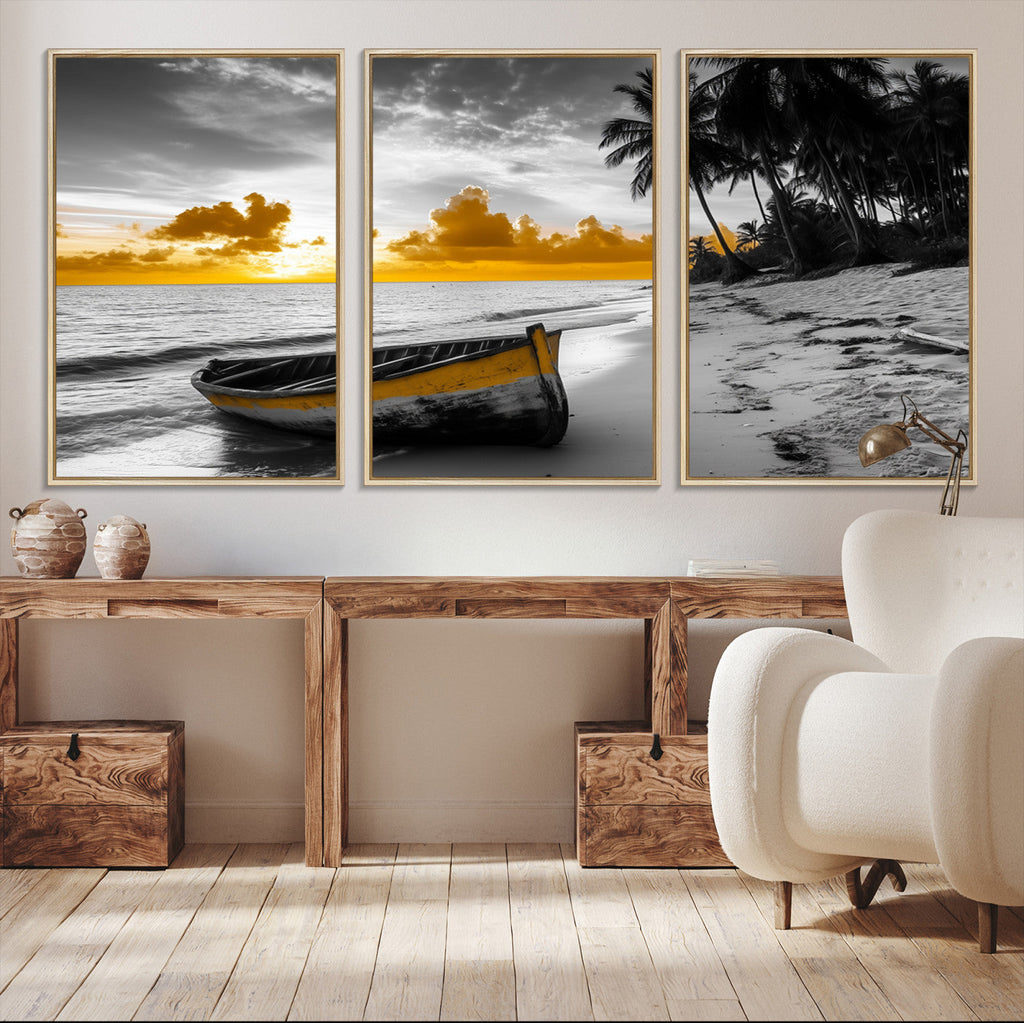Yellow Rowboat Wall Art | Framed Tropical Shoreline Canvas