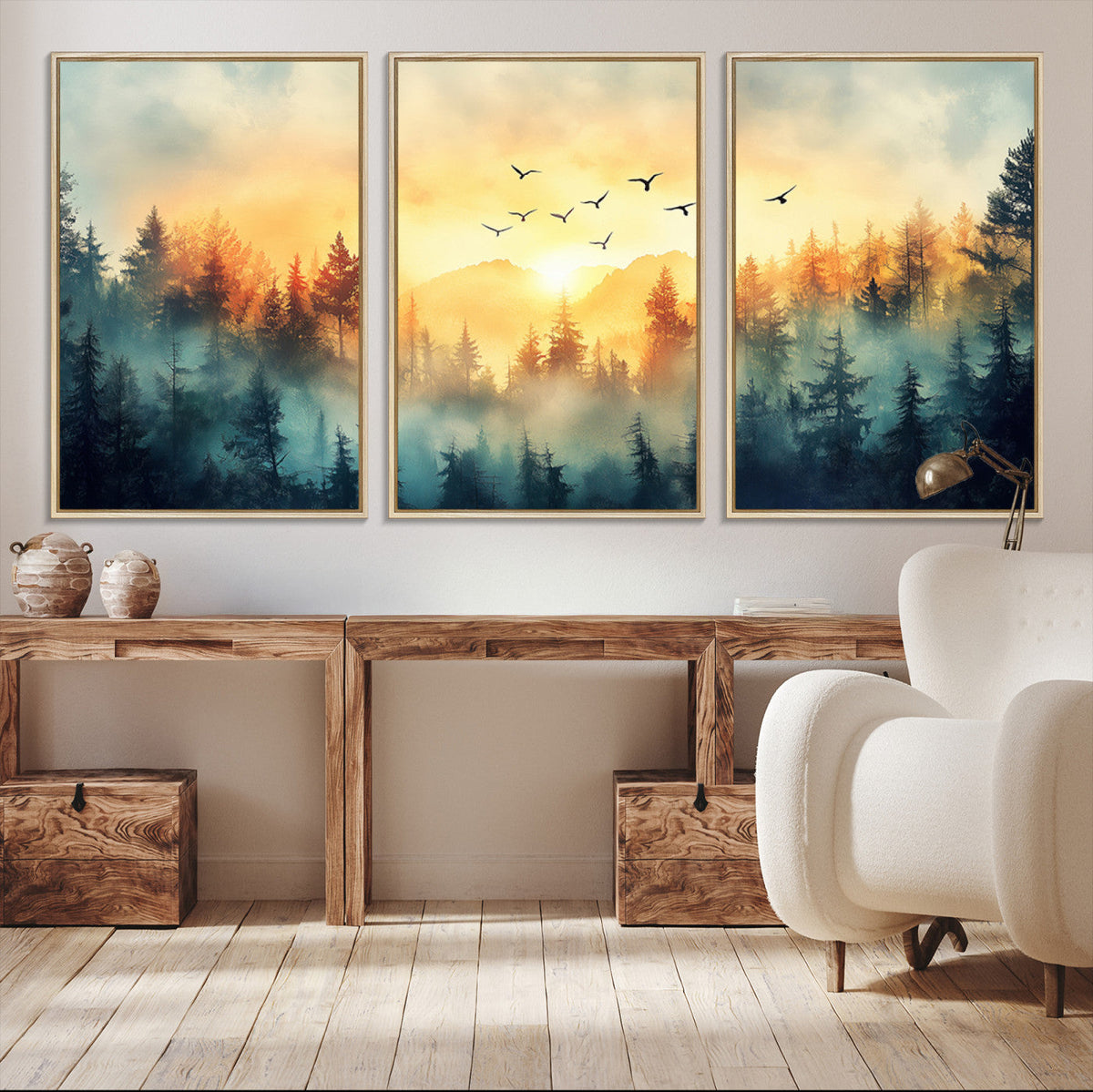 Sunrise Forest Wall Art | Framed Misty Pines Canvas Artwork