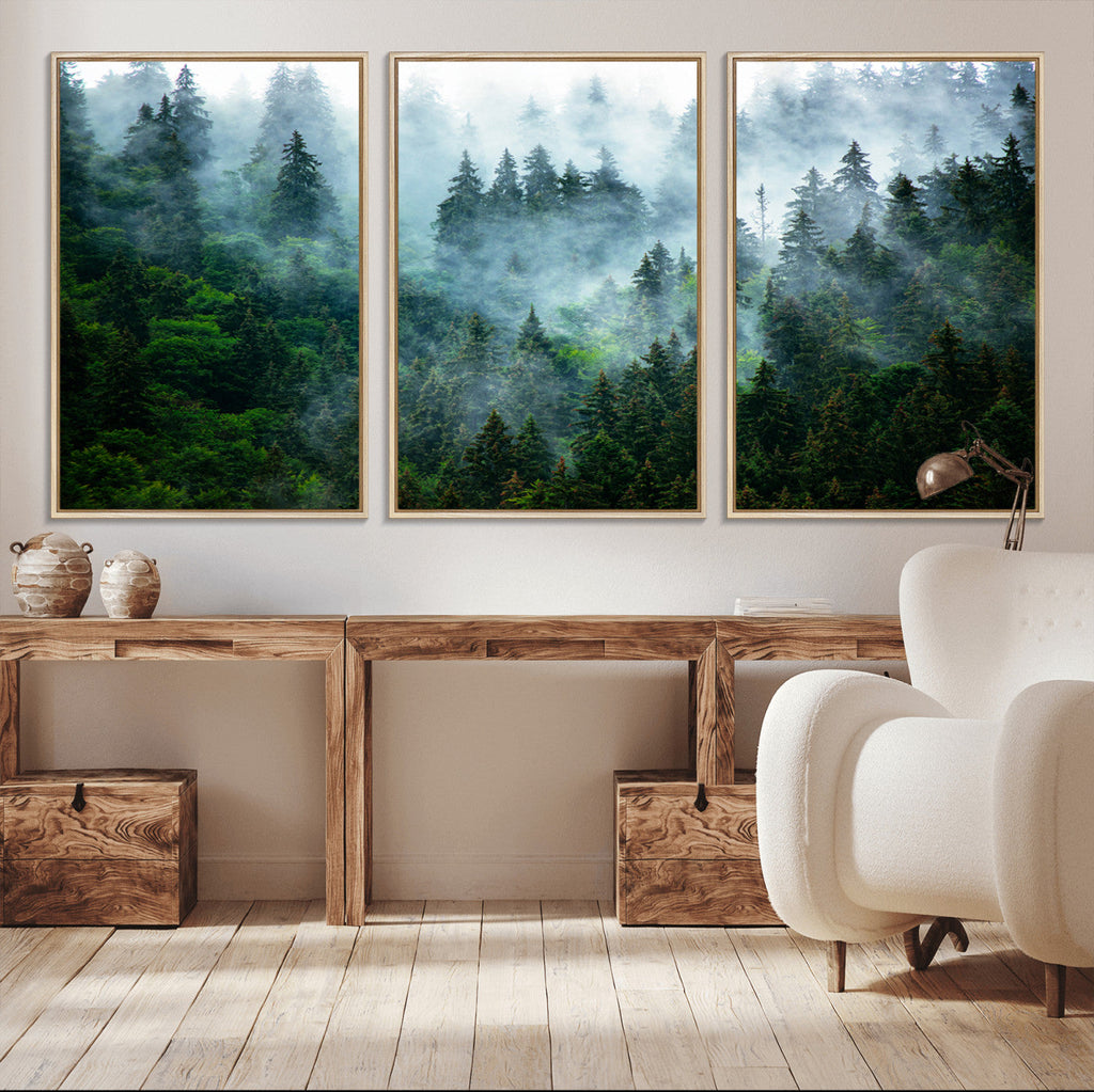 Misty Forest Wall Art Canvas Print, Framed Foggy Mountain Art, Large Scenic Woodland Canvas