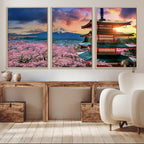 Mount Fuji Cherry Blossom Wall Art Canvas Print | Framed Pagoda Sunset