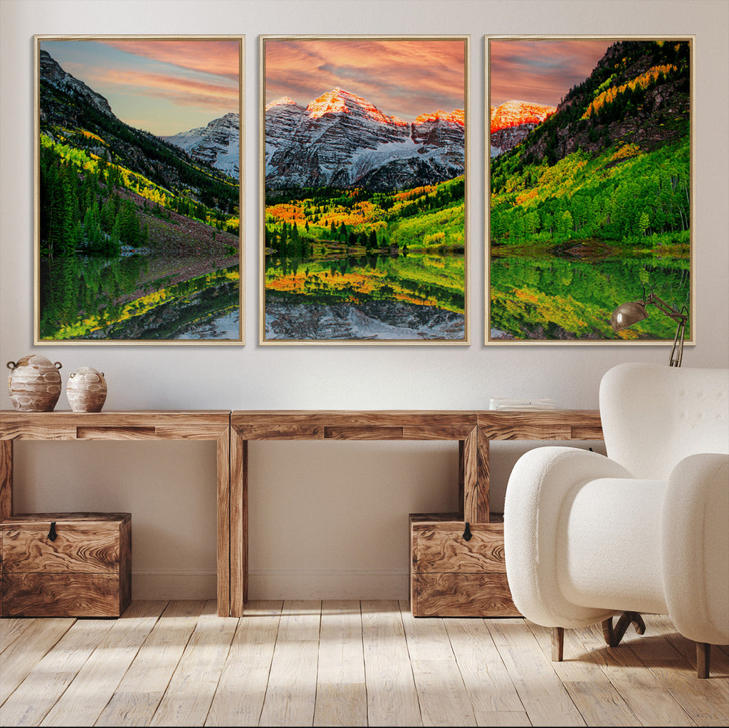 Sunset Glow Mountain Wall Art Canvas Print | Peaks, Green Forest and Lake