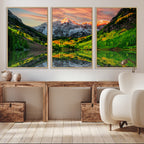 Sunset Glow Mountain Wall Art Canvas Print | Peaks, Green Forest and Lake