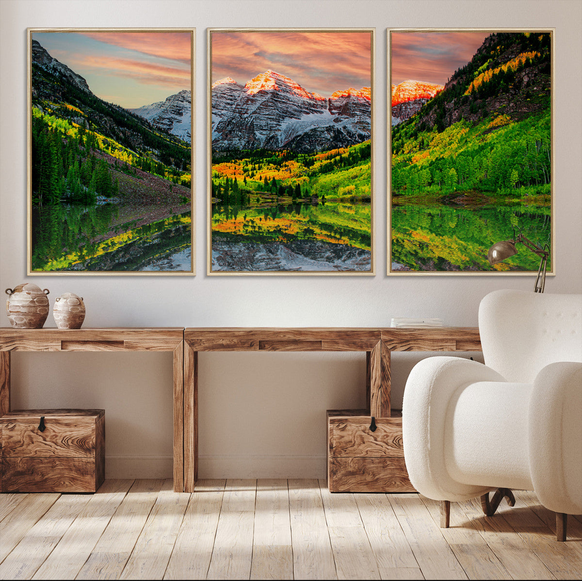 Sunset Glow Mountain Wall Art Canvas Print | Peaks, Green Forest and Lake