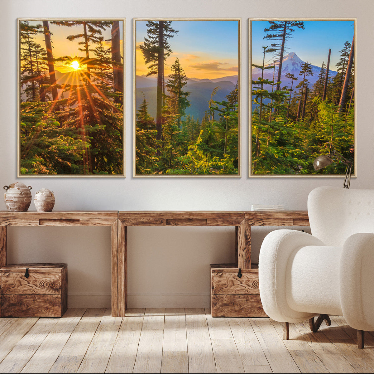 Forest Sunset Wall Art Canvas Print | Green Pines in Golden Light