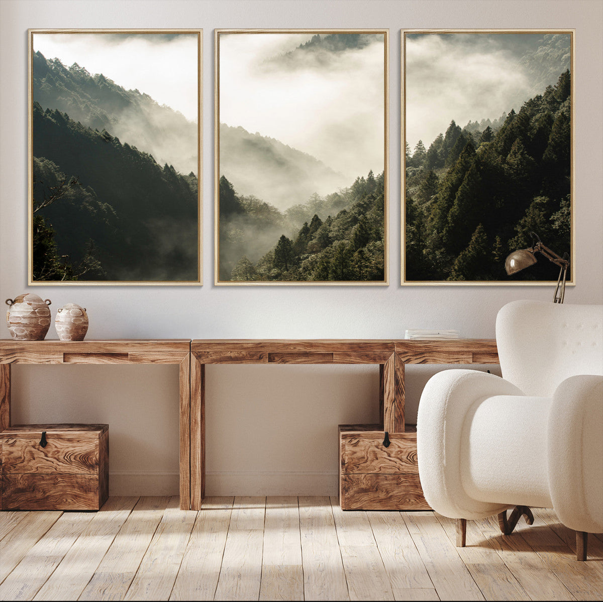 Misty Valley Wall Art Canvas Print | Foggy Forest and Pine Trees