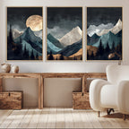 Moonlit Mountain Wall Art Canvas Print, Framed Silhouetted Pines Art, Layered Peaks Rustic Decor