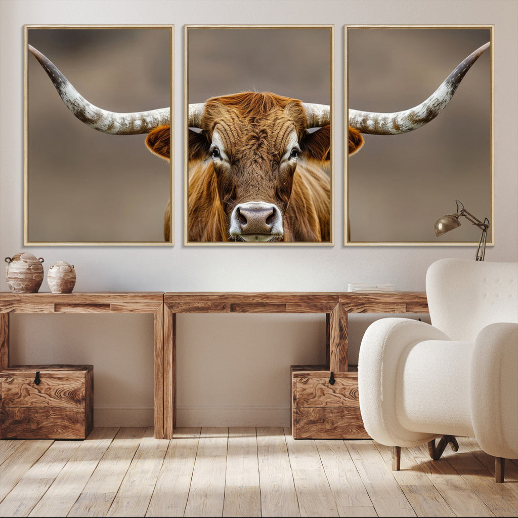 Texas Longhorn Wall Art Canvas Print | Rustic Brown Bull Western Decor