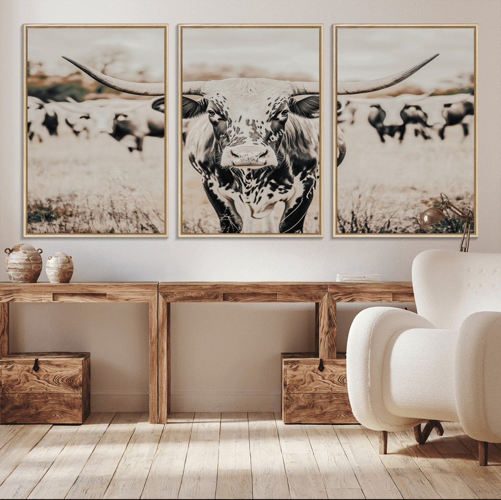 Texas Longhorn Wall Art Canvas Print | Framed Speckled Brown and White Bull