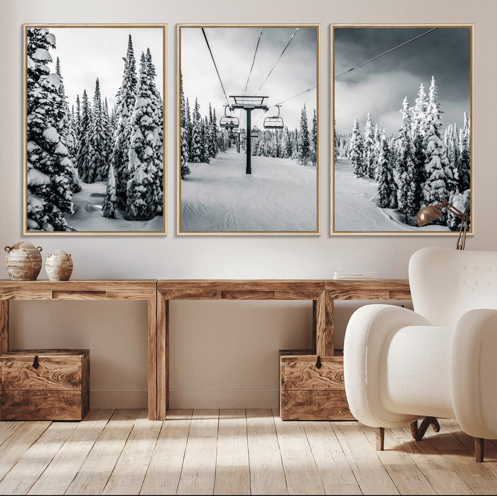 Snowy Pines Wall Art Canvas Print | Ski Lift in a Winter Forest