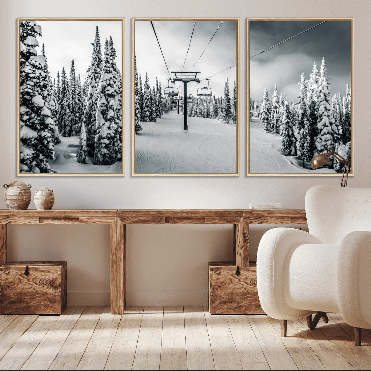 Snowy Pines Wall Art Canvas Print | Ski Lift in a Winter Forest