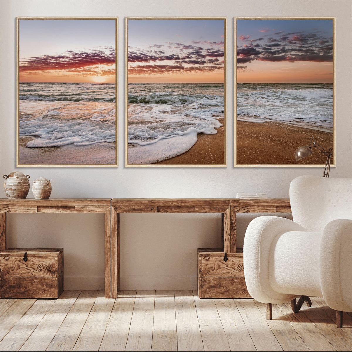 Ocean Sunset Wall Art Canvas Print | Sandy Shore and Gentle Waves