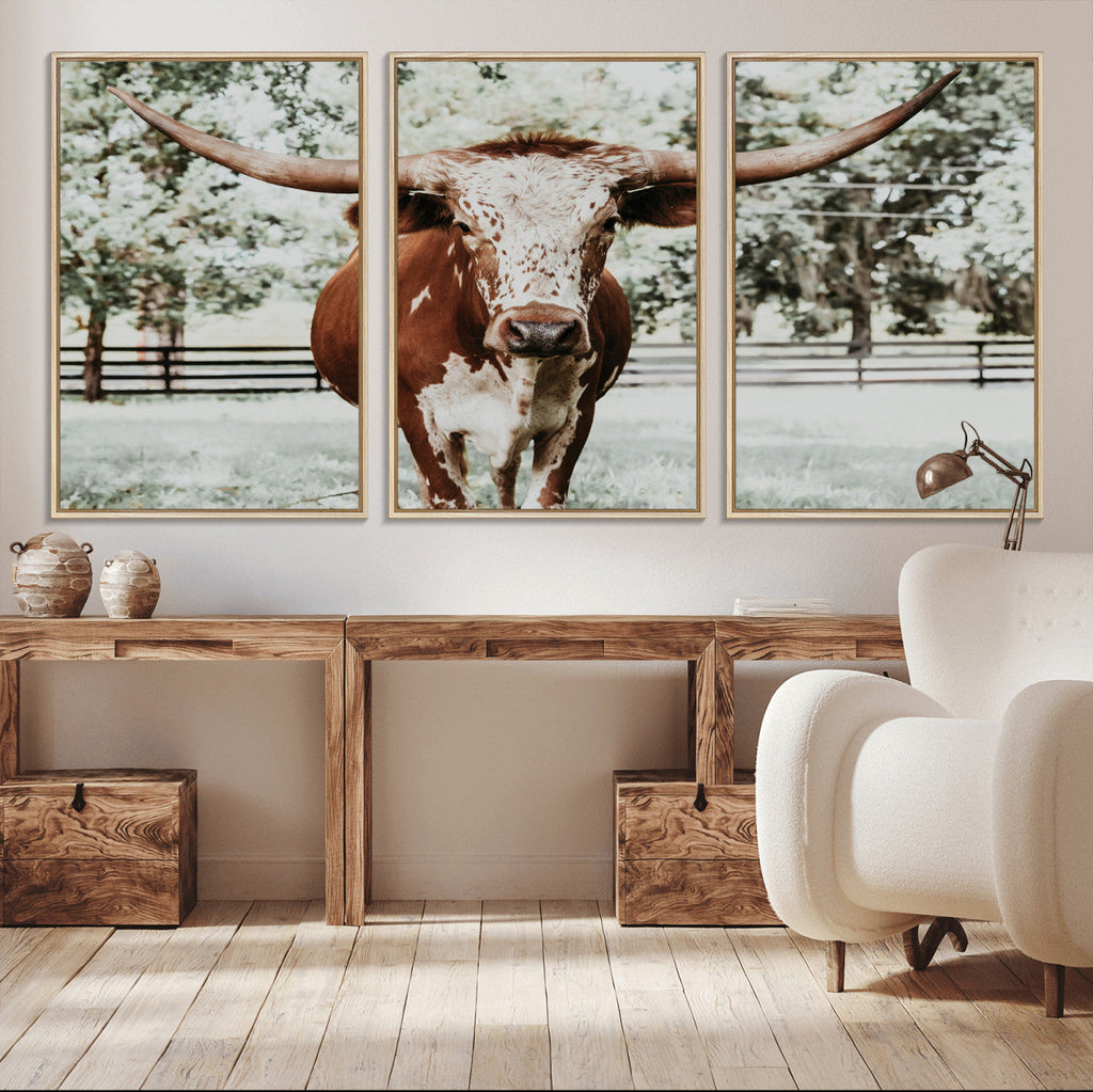 Texas Longhorn Wall Art Canvas Print | Framed Spotted Brown and White Bull