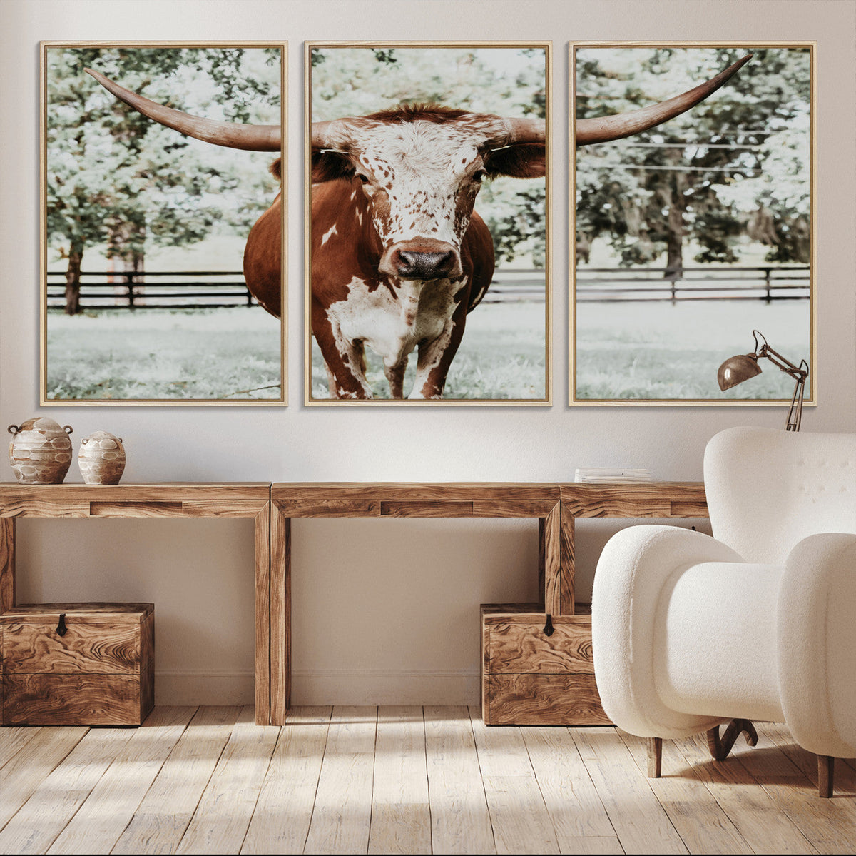 Texas Longhorn Wall Art Canvas Print | Framed Spotted Brown and White Bull