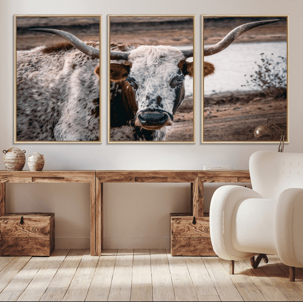Texas Longhorn Wall Art Canvas Print | Framed Brown and White Spotted Longhorn