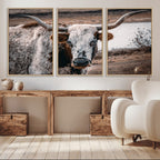 Texas Longhorn Wall Art Canvas Print | Framed Brown and White Spotted Longhorn