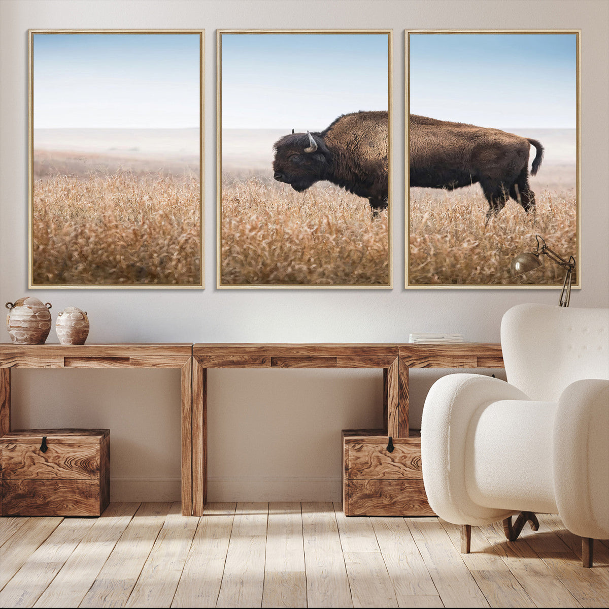 Wild Bison Wall Art | Framed Prairie Landscape Canvas