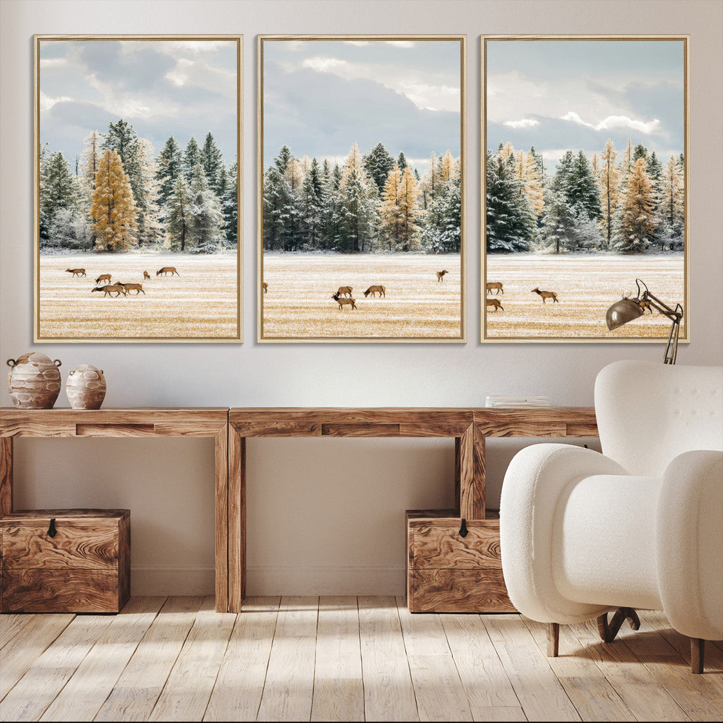 Elk Herd Wall Art, Framed Snowy Forest Canvas Artwork