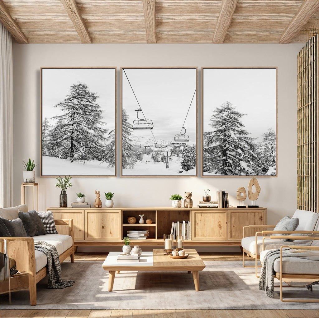 Snowy Ski Lift Wall Art | Framed Winter Forest Canvas