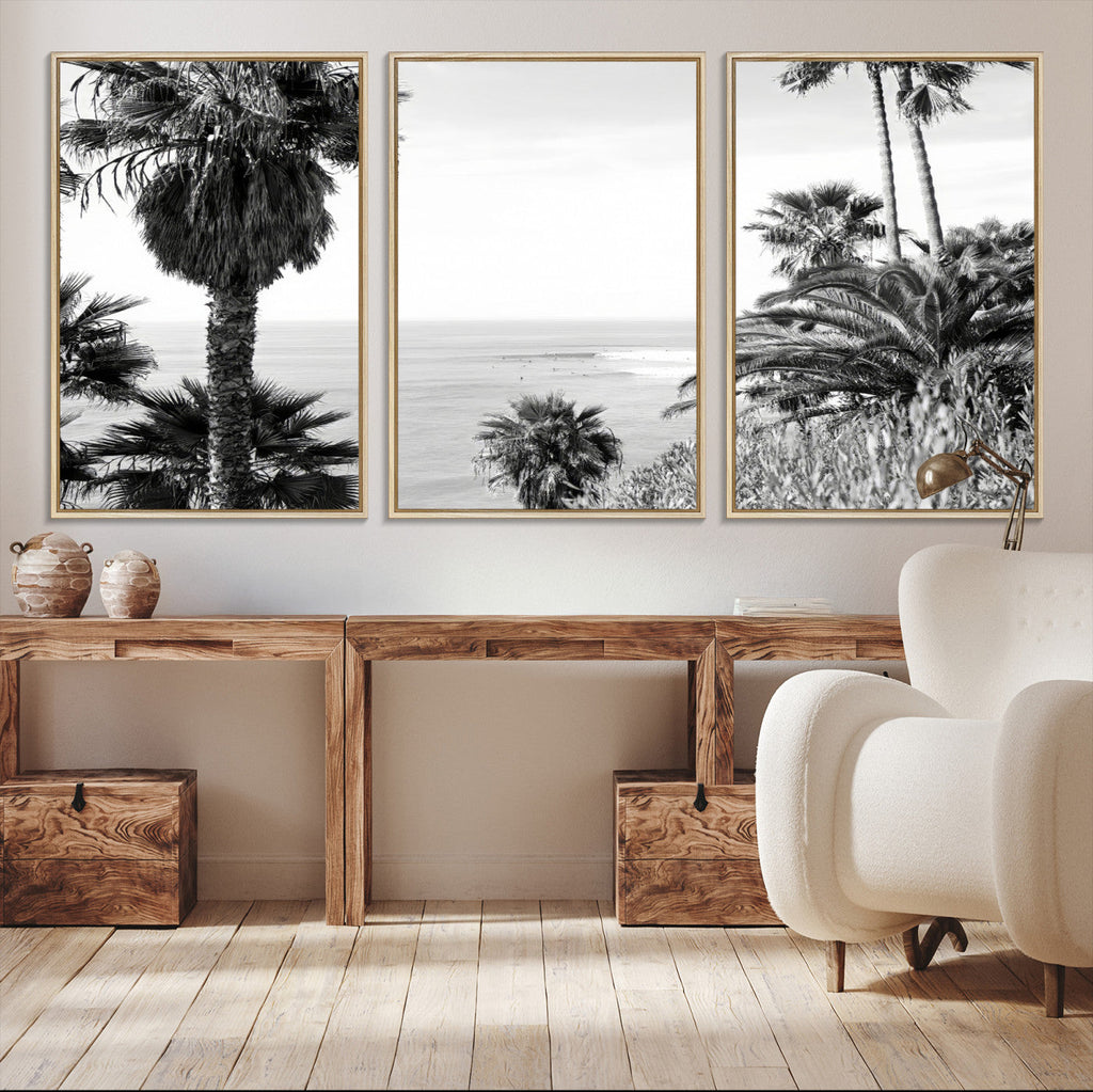 Palm Trees Wall Art Canvas Print, Framed Coastal Ocean Horizon Monochrome Art