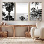 Palm Trees Wall Art Canvas Print, Framed Coastal Ocean Horizon Monochrome Art
